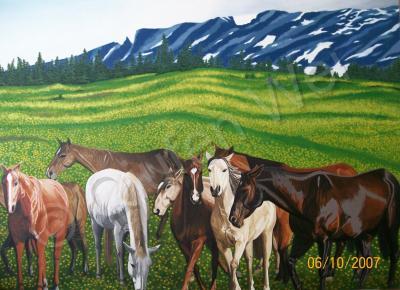 Mountains Horeses Landscape - Horses In Yellow Stone Montana - Oil On Canvas