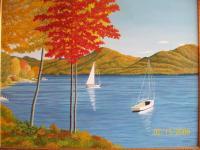 Lake Mountains Sail Boats Land - Lake George New York - Oil On Canvas