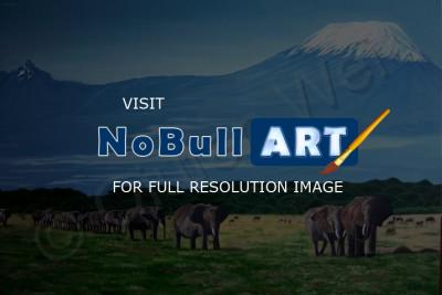 Glacier Mountain Elephants Afr - Amboseli National Park Kenya - Oil On Canvas
