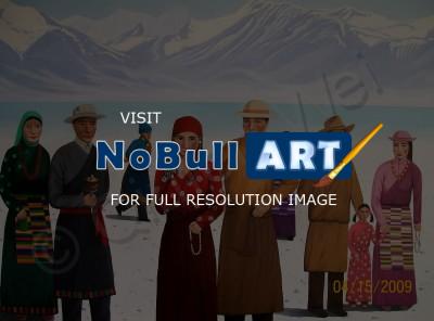 Portrait - Tibetans And Holy Lake Namtso - Oil On Canvas