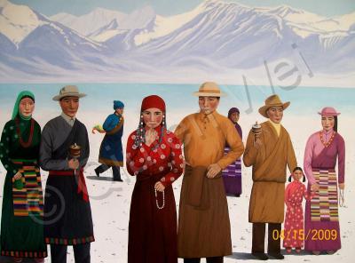 Portrait - Tibetans And Holy Lake Namtso - Oil On Canvas