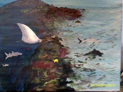 Reef Scenes - A Giant Ray Checks Out The Reef - Acrylic