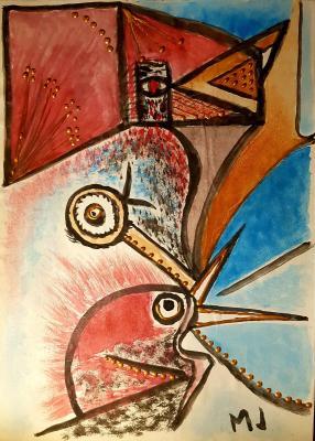 Abstract - Marie Javorkova - Birds Original Signature Certificate - Mixed Media