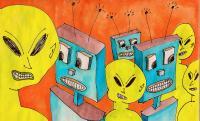 Aliens And Robots - Pen Watercolor Drawings - By Eric Kovalsky, Post Modern Drawing Artist