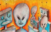 Aliens And Robots - Pen Watercolor Colored Pencils Mixed Media - By Eric Kovalsky, Post Modern Mixed Media Artist