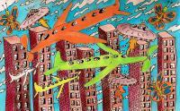 Living In A Post 911 World - Pen Watercolor Colored Pencils Drawings - By Eric Kovalsky, Postmodern Pop Drawing Artist