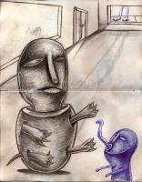 Turtle Man Blue Female Tongue Flicking Stranger Outside - Mixed Media Other - By Eric Kovalsky, Surrealism Other Artist