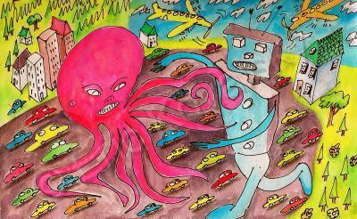 Aliens And Robots - Robot Vs Giant Octopus - Pen Watercolor Colored Pencils
