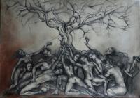 Below The Big Tree - Charcoal Drawings - By John Biro, Drawing Drawing Artist