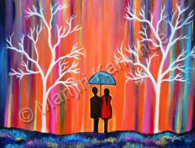 Romantic Paintings - Colors Of Love Romantic Colorful Rainy Painting - Acrylic On Canvas