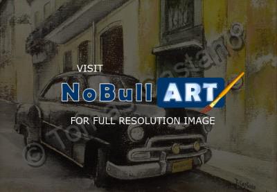 Old Havana - Black Cadillac-Old Havana - Oil On Canvas