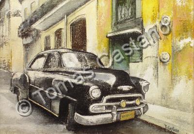 Old Havana - Black Cadillac-Old Havana - Oil On Canvas