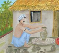 Village Scene - Paint  Brush Paintings - By Simran Kaur P, Brush On Paper Painting Artist