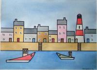 Harbour - Pen And Wash Paintings - By Brian Goodacre, Naive Painting Artist