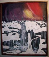 Winter Falls - Winter Falls Under Northern Lights - Acrylic On Panel W Raised Mode