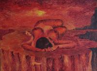 Lying Beauty In Red - Oil Paintings - By Mahesh Pendam, Impressionism Painting Artist