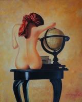 Lady With Globe - Oil Paintings - By Mahesh Pendam, Realism Painting Artist