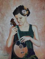 Lady With Kora - Oil Paintings - By Mahesh Pendam, Realism Painting Artist