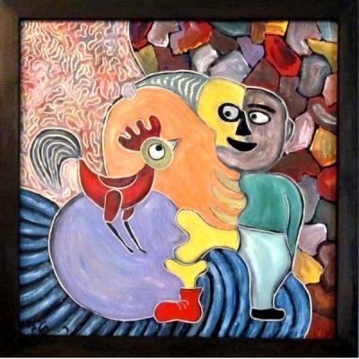 Painting - Figure And A Rooster - Oil On Wood