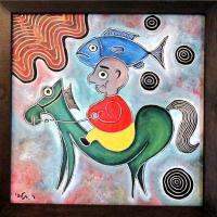 Little Boy Horse And A Fish - Oil On Wood Paintings - By Rafi Talby, Oil Painting Artist