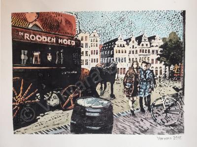 Linocut And Watercolour - Grote Markt Antwerpen - Ink