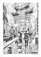 Linocut And Watercolour - China Town In Antwerpen - Ink
