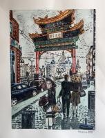Linocut And Watercolour - China Town  Antwerpen - Ink