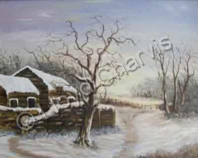 Landscape - Winter Cottage - Oil On Canvas