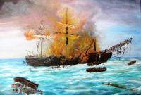 Ships - Fire At Sea - Oil On Canvas