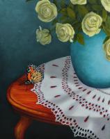 Still Life - Monarch And Roses - Oil On Canvas