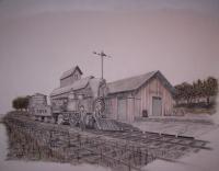 The Old Cbq Railroad Depot Augusta Illinois - Mixed Media Mixed Media - By Richard Hall, Ink Drawings Mixed Media Artist