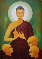 Buddha And His First Three Desciples - Oil On Canvas Paintings - By Lalit Jain, Realistic Artwork Painting Artist