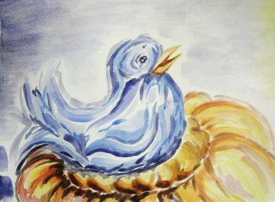 Watercolors - Blue Bird Resting On Sunflower - Watercolor