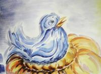 Blue Bird Resting On Sunflower - Watercolor Paintings - By Dani T, Abstract Painting Artist
