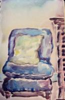 Blue Chair And Green Pillow - Watercolor Paintings - By Dani T, Impressionistic Painting Artist