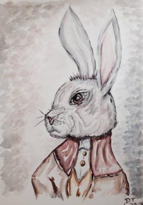 Fantasy And Magics - The White Rabbit --  Portrait - Watercolor