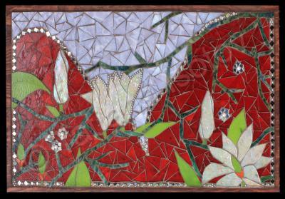 Original Fine Art - Magnolias And Valentines - Stained Glass Mosaic