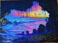 Misty Cave Sunset - Mauihawaii - Prof Qlty Oil On 3X P Cnv Paintings - By Joseph Ruff, Immpresionism Painting Artist