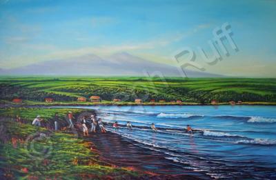 Seascapes - Hilo Bay Net Fisherman - Prof Qlty Oil On 3X P Cnv