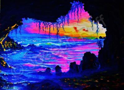 Seascapes - Misty Cave Sunset - Prof Qlty Oil On 3X P Cnv