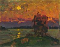 Sunset Over The Water - Oil On Cardboard Paintings - By Vasily Belikov, Impressionism Painting Artist