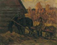 Autumn In The Country - Oil On Cardboard Paintings - By Vasily Belikov, Impressionism Painting Artist