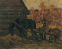 Autumn In The Country - Oil On Cardboard Paintings - By Vasily Belikov, Impressionism Painting Artist