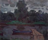Boat On The Evening Water - Oil On Cardboard Paintings - By Vasily Belikov, Impressionism Painting Artist