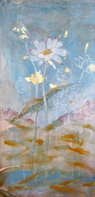 Flower Paintings - Lotuses Over Coy - Casein And Gold Leaf On Paper