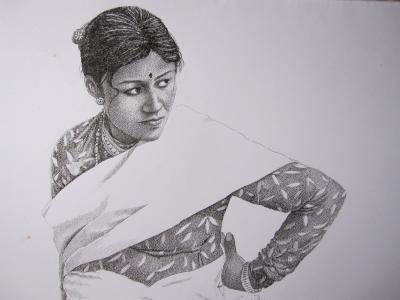 People - Getting Problem With My Shawl - Pen And Permanent Indian Ink