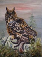 Eagle Owl - Oil On Canvas Paintings - By M V, Wildlife Painting Artist