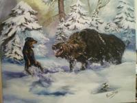 Wildboar And Dog - Oilpaint Paintings - By M V, Wildlife Painting Artist