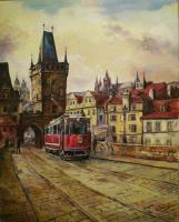 Prague - Tram On The Charles Bridge - Oilpaint Paintings - By M V, Cityscapes Painting Artist