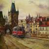 Prague - Tram On The Charles Bridge - Oilpaint Paintings - By M V, Cityscapes Painting Artist